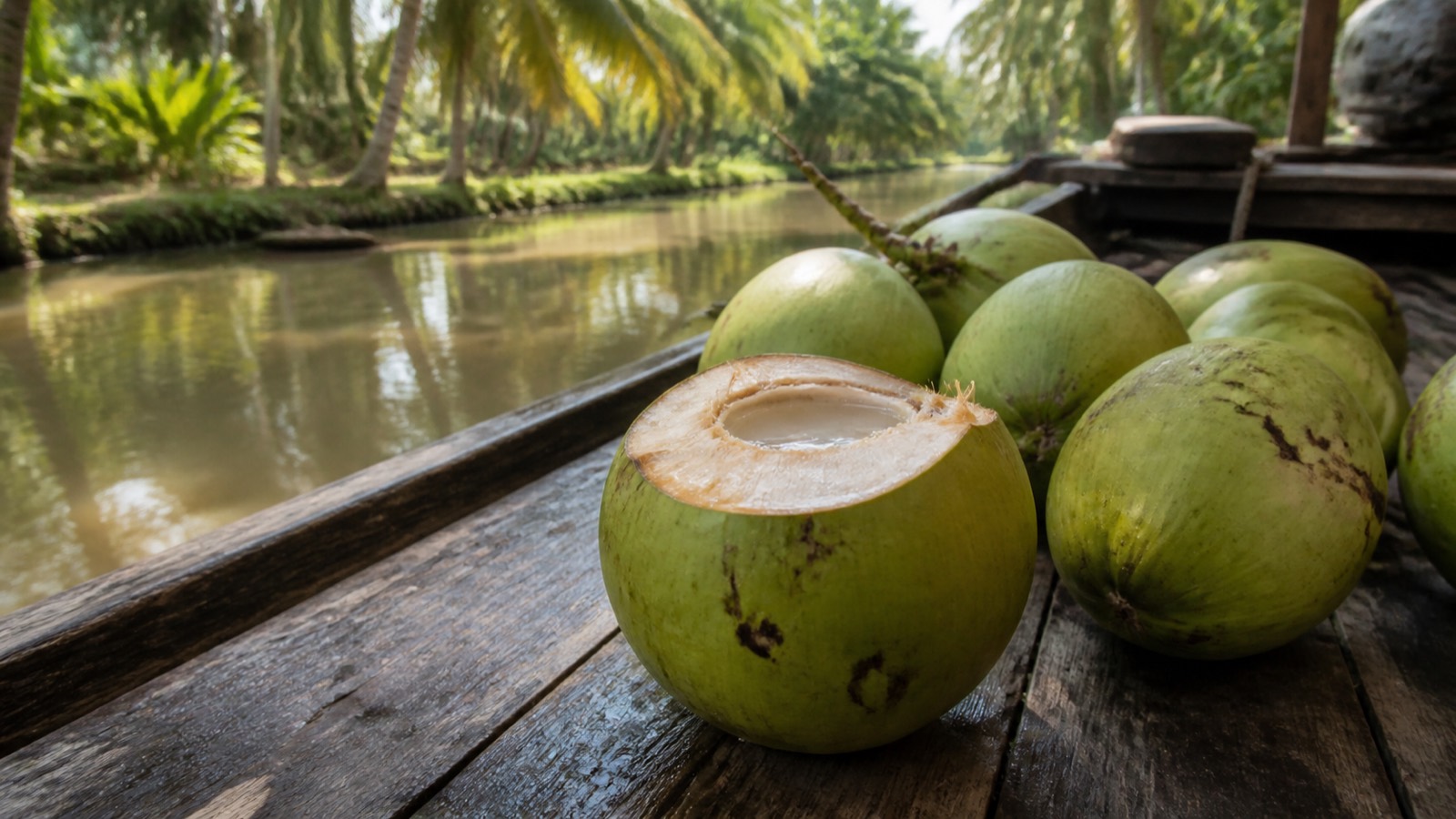 Fresh coconuts stacked beside a Pomeroon riverside landing