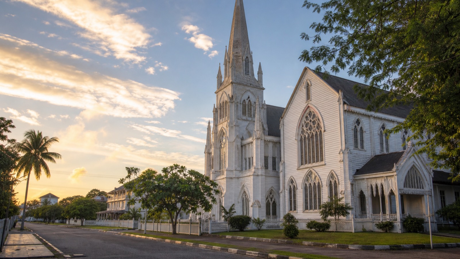 White wooden colonial cathedral in Georgetown at golden hour